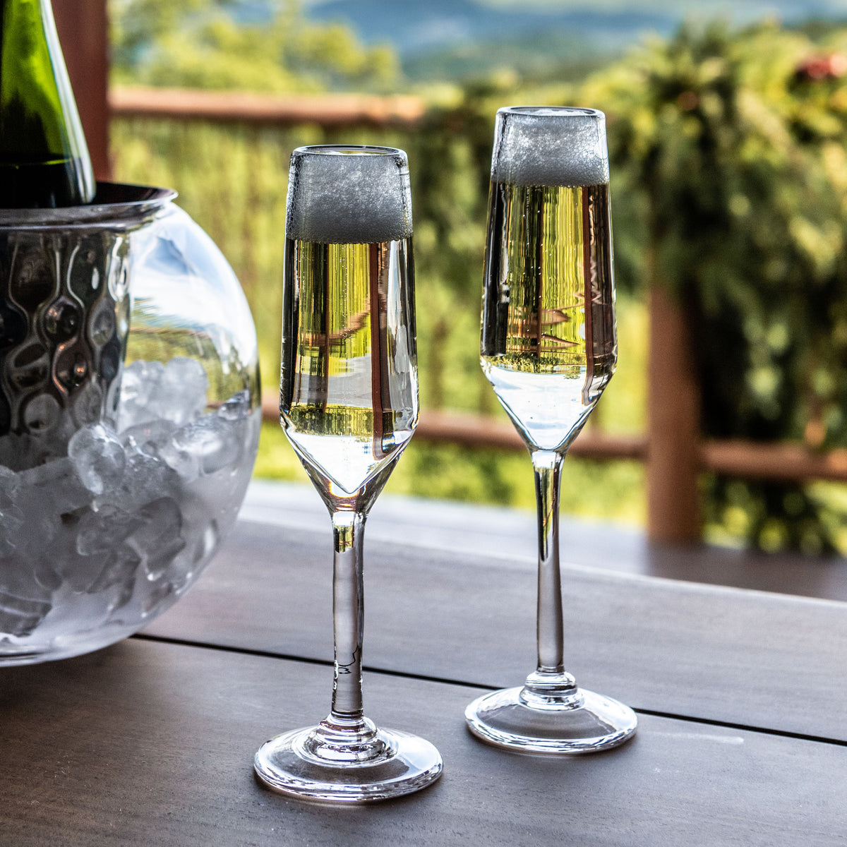 Front view of Bristol flutes set of 2 showcasing slender stems and tapered bowls, filled with champagne on an outdoor table