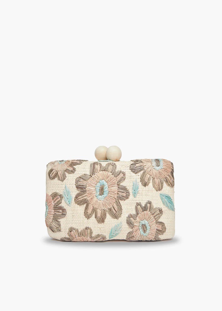 Bryn Embroidered Straw Clutch Bag in Blue Floral