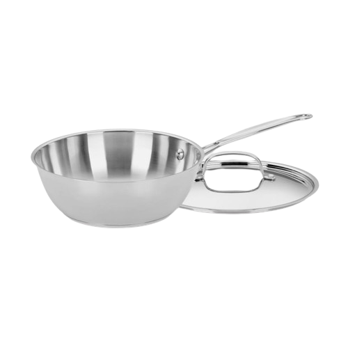 Angled view of a stainless steel 3 quart Chef’s Pan with cover showcasing mirror finish and long handle on a plain background