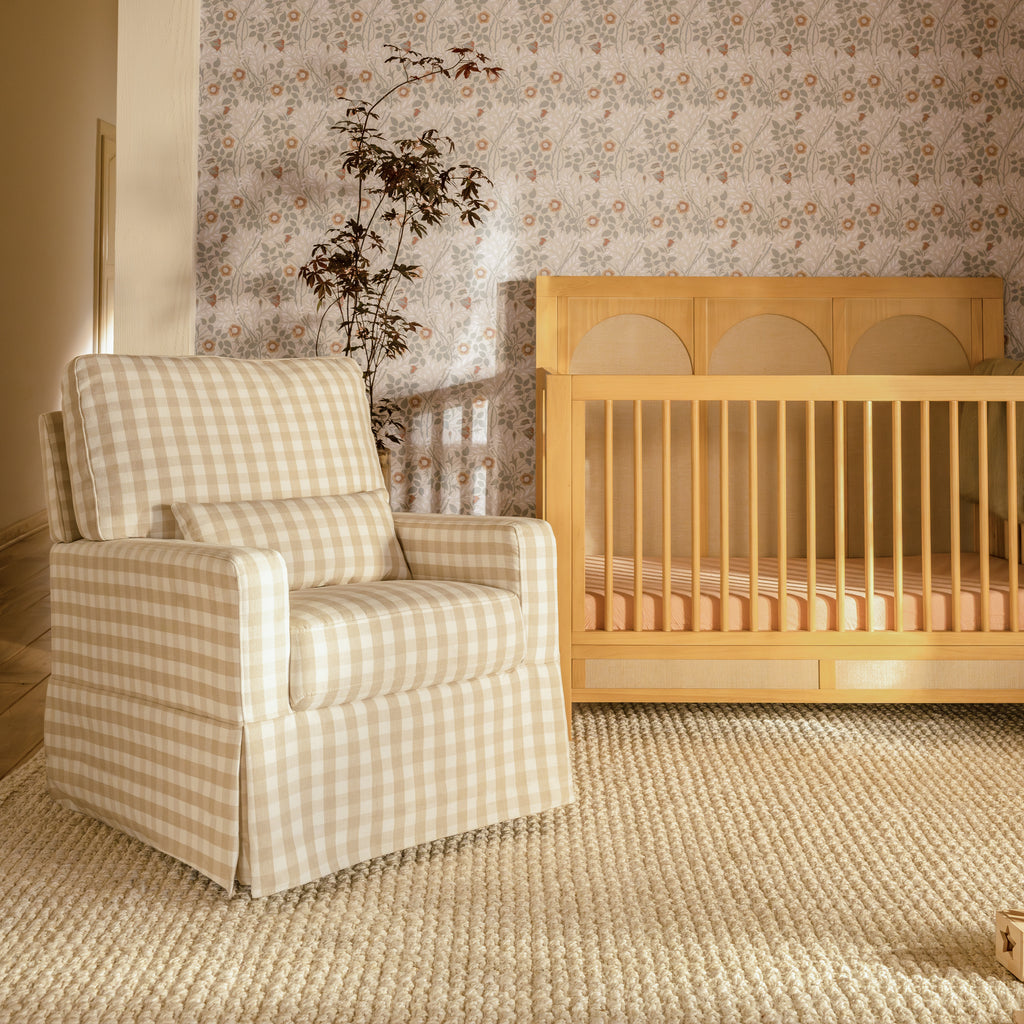 Crawford Pillowback Comfort Swivel Glider in Tan Gingham