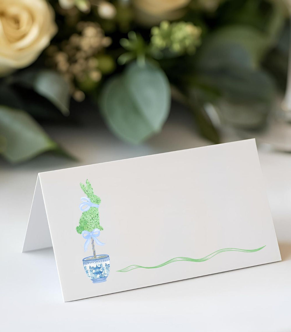 Place card with bunny topiary in ginger jar