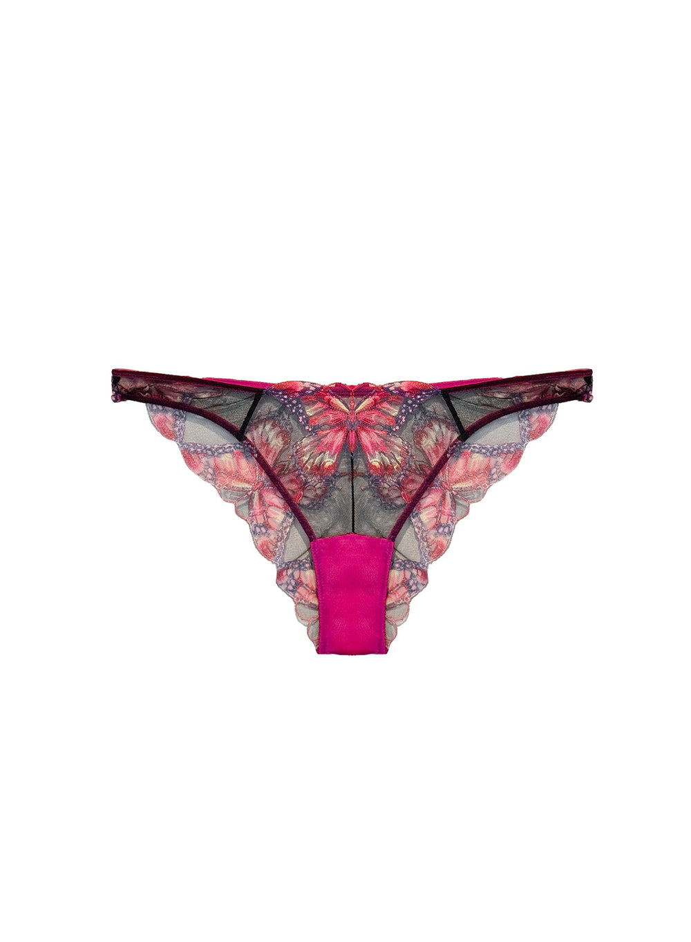 Flat lay of Cerise Butterfly Embroidery Cheeky showing butterfly embroidery, scalloped lace edges and cheeky cut on white background
