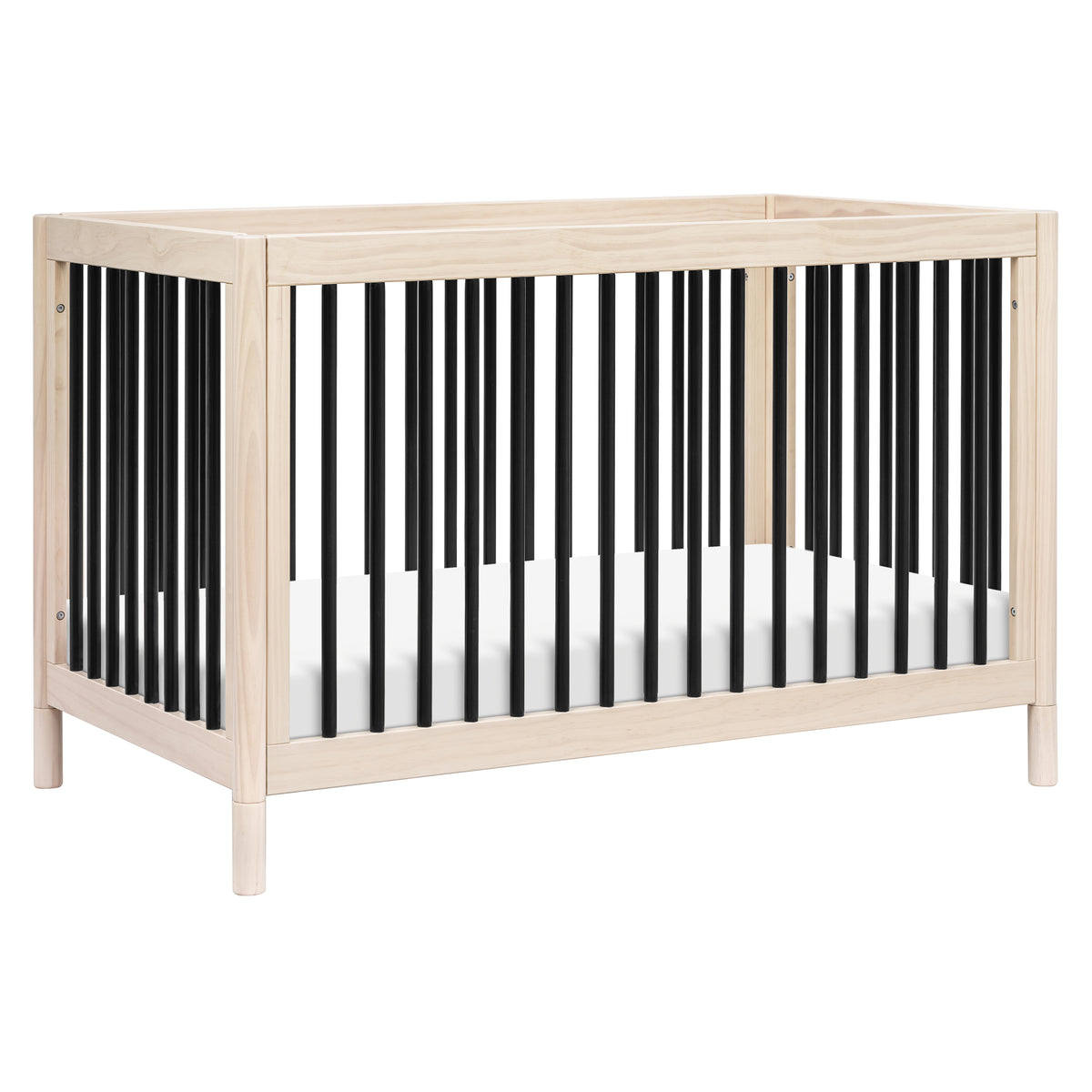 Front three-quarter view of Gelato 4-in-1 convertible crib with washed natural finish and black slats on white background