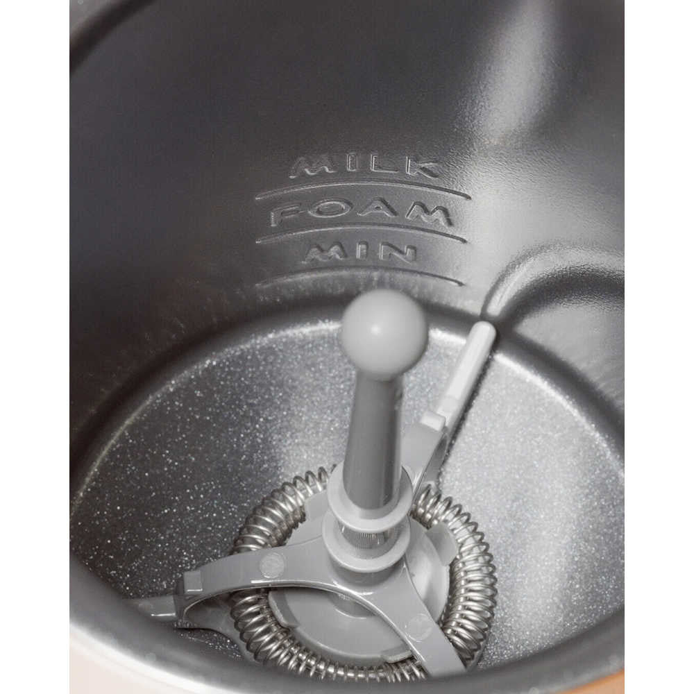 Close-up of the SMEG Mini Milk Frother in White showcasing the whisk and MIN, MILK, and FOAM fill markings inside the jug