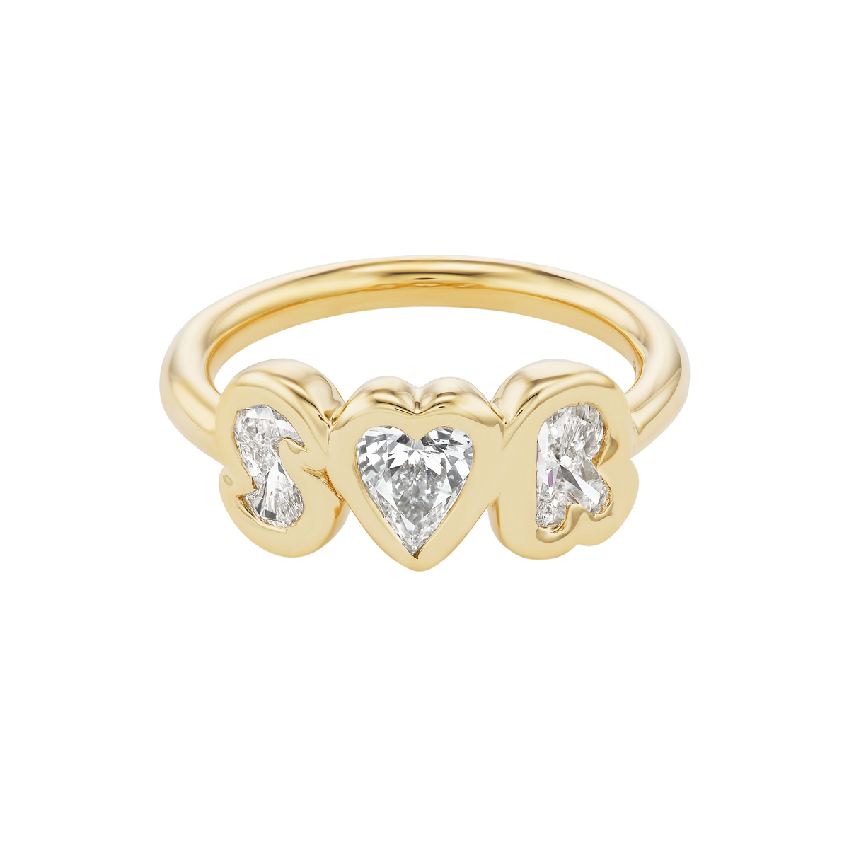 Front of Bubble Bezel True Love ring with heart-shaped center diamond and bezel-set initial diamonds, 18K yellow gold