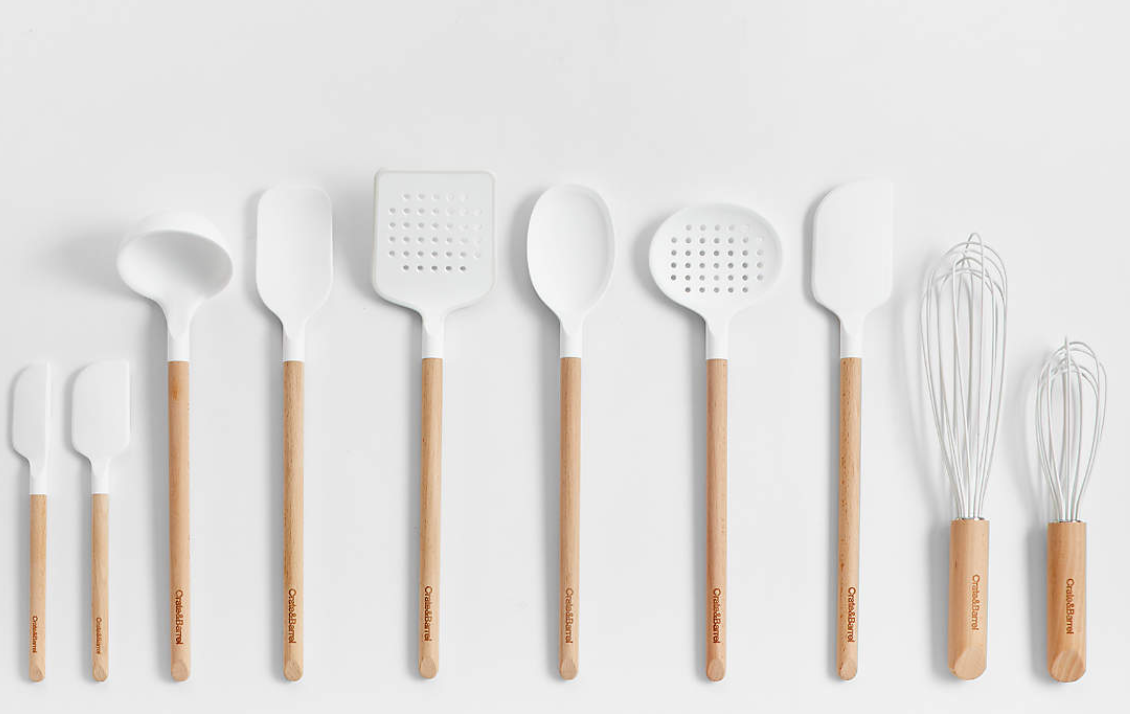 Crate & Barrel Wood and White Silicone Utensils, Set of 10