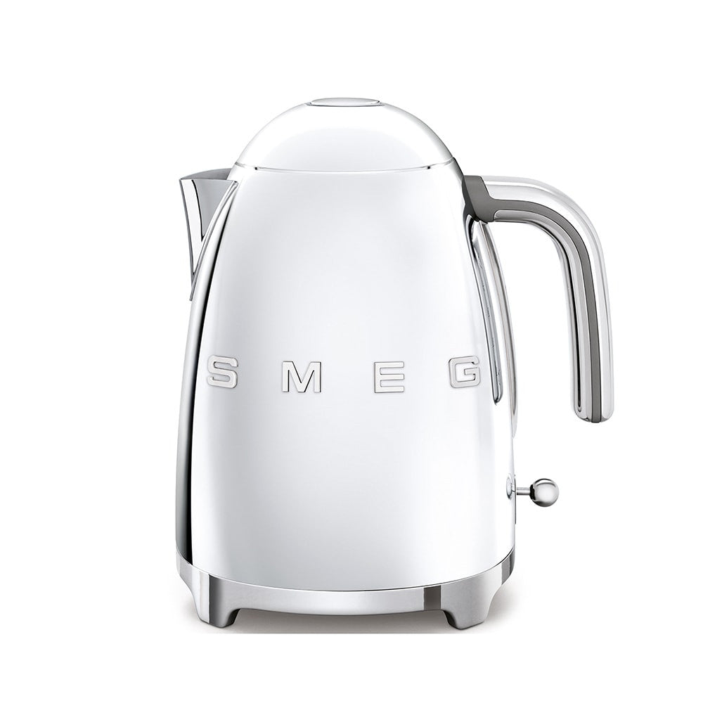 Front view of SMEG electric kettle in stainless steel showcasing polished finish and embossed SMEG logo on white background