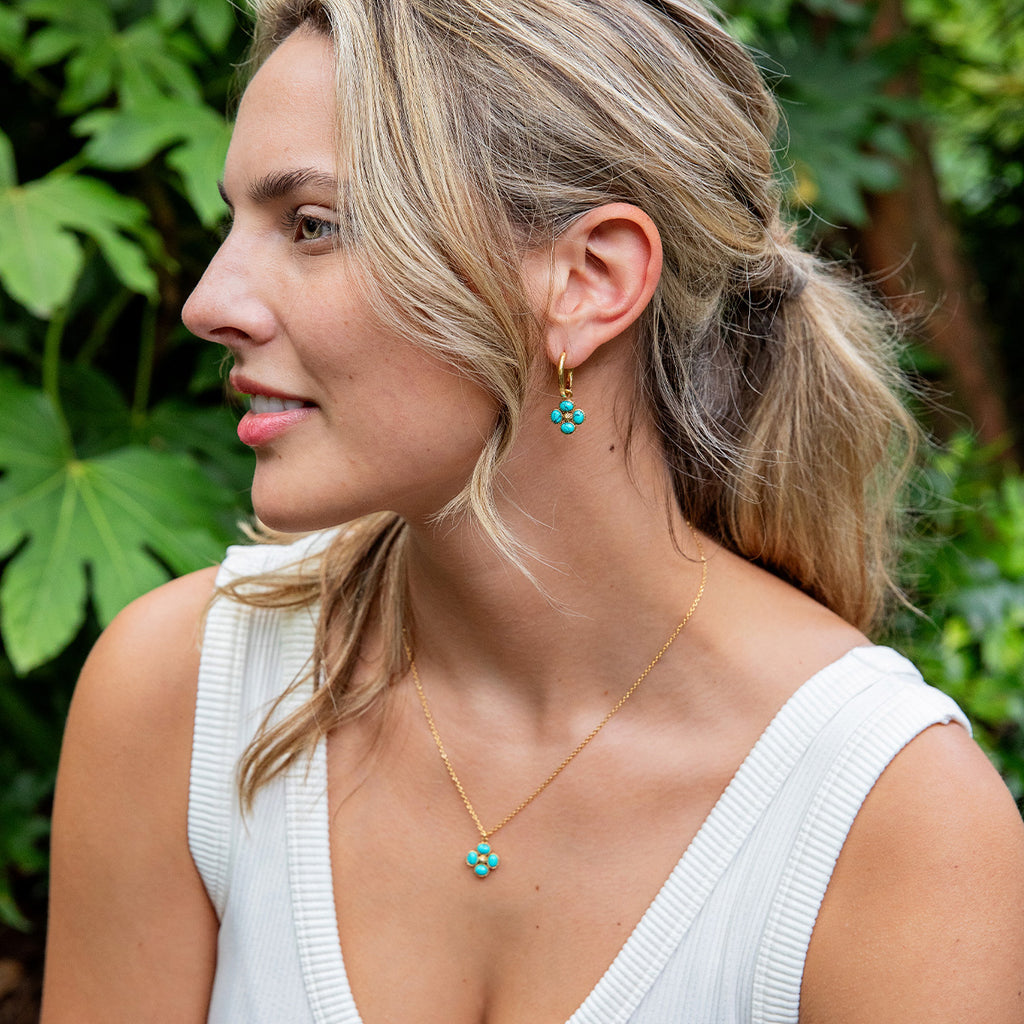 Berry Clover Hoop Earrings with Double Sided Charm in Turquoise