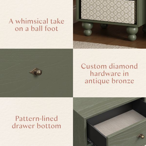 Product feature collage showing the Astre nightstand with ball feet, antique bronze diamond hardware, and a pattern-lined drawer bottom