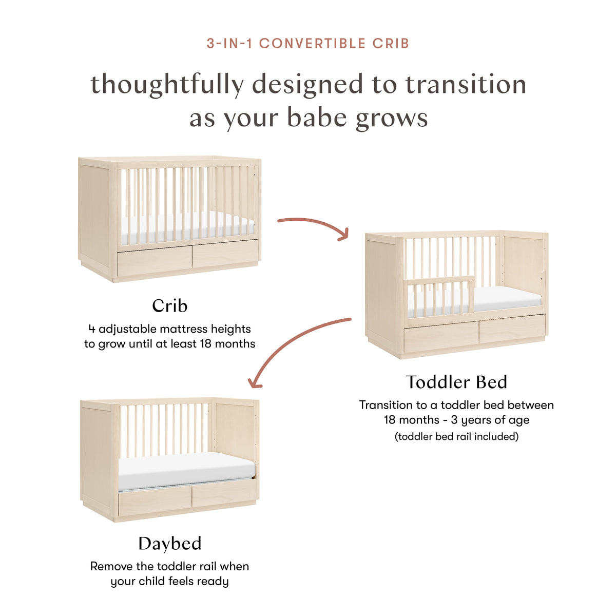 Bento 3-in-1 Convertible Storage Crib with Toddler Bed Conversion Kit in Washed Natural