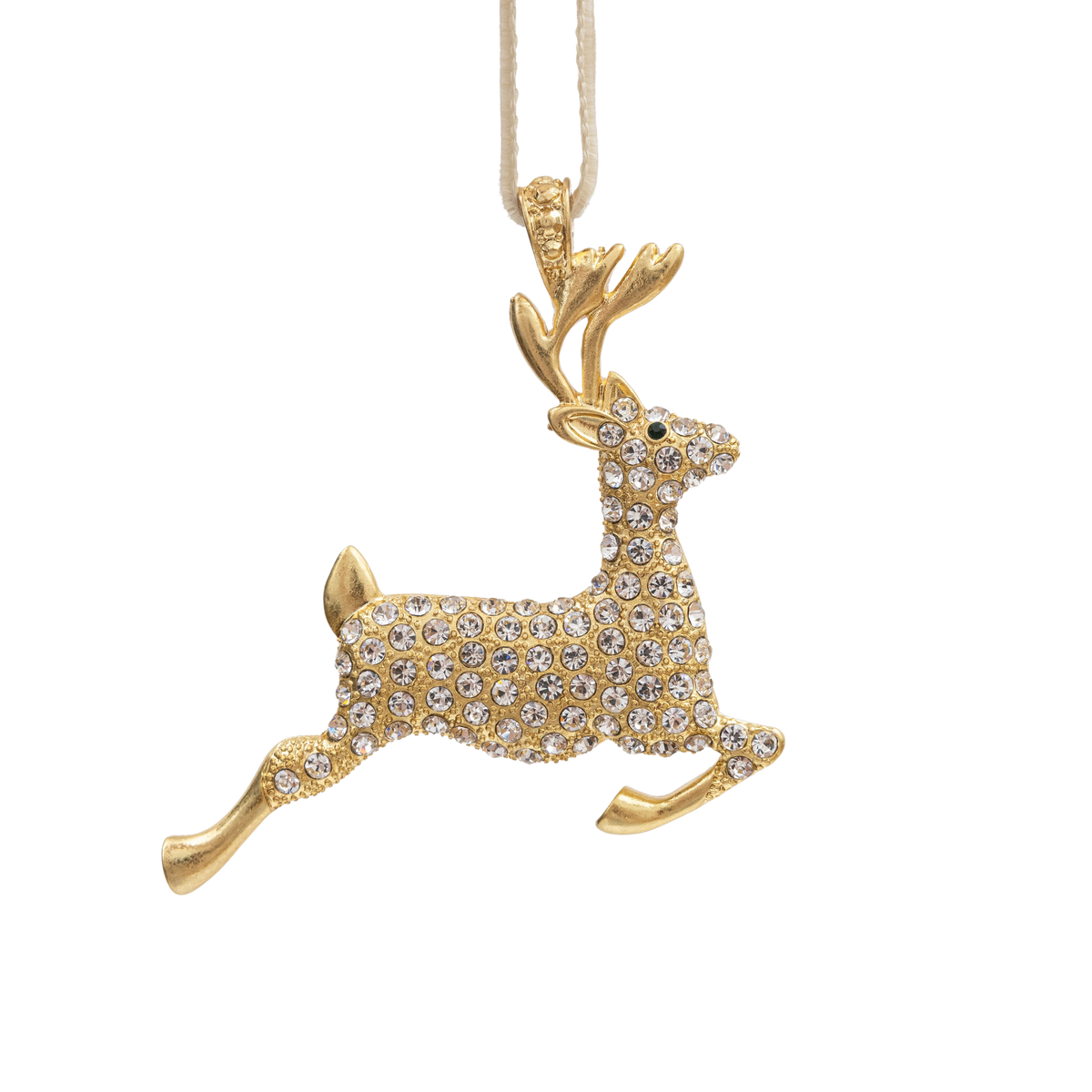 Front view of Reindeer Hanging Ornament showcasing a gold jeweled reindeer with velvet ribbon on a black background