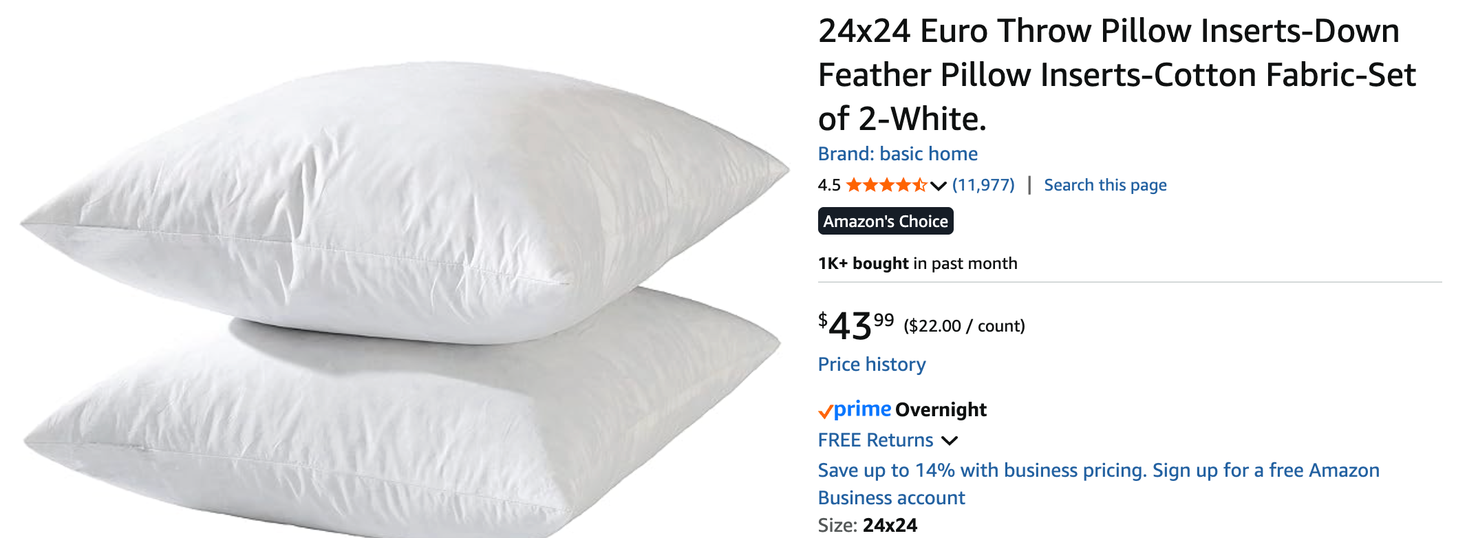 24x24 Euro Throw Pillow Inserts-Down Feather Pillow Inserts-Cotton Fabric-Set of 2-White