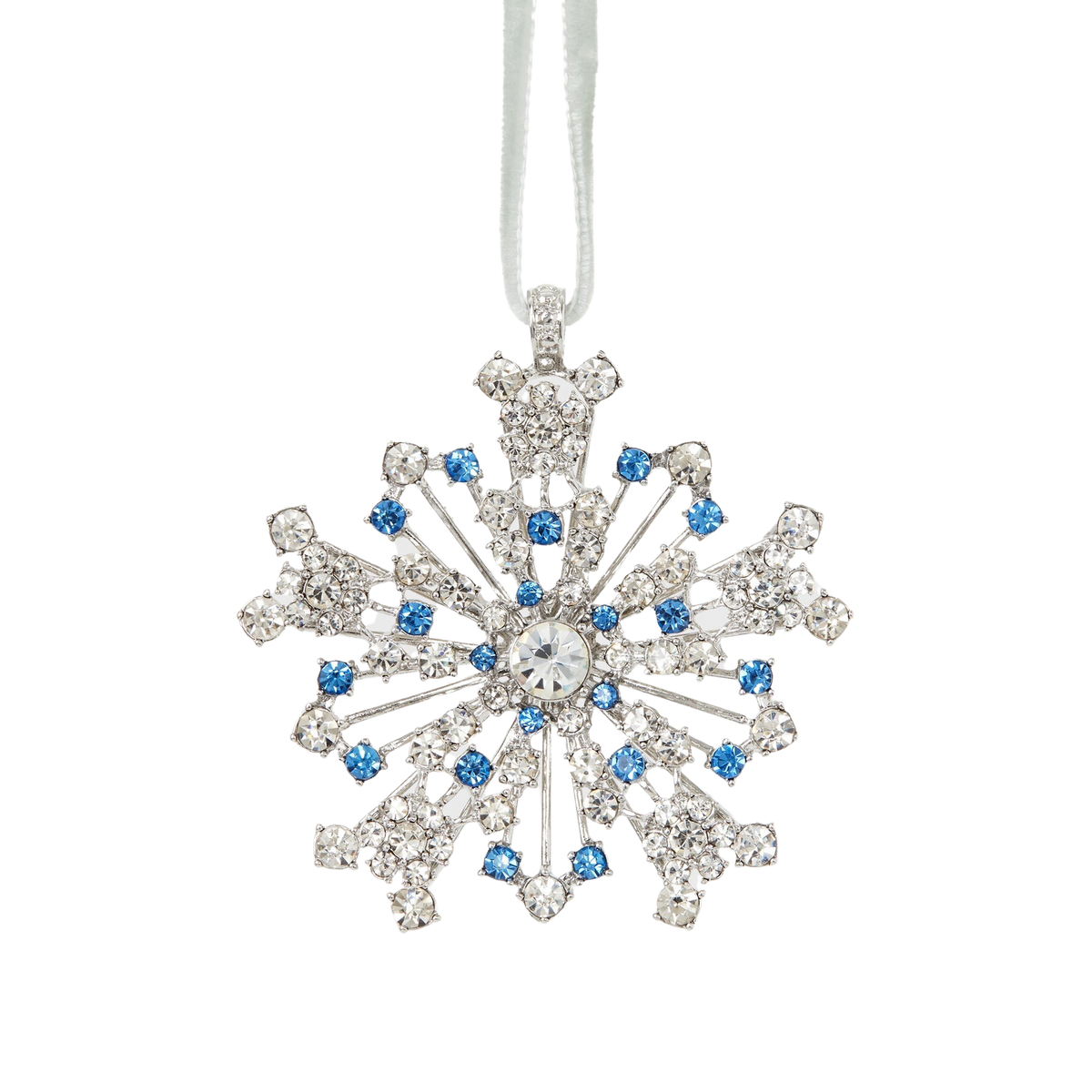 Front view of Sparkle Snowflake Ornament in Sapphire with blue and clear glass crystals and a white velvet ribbon