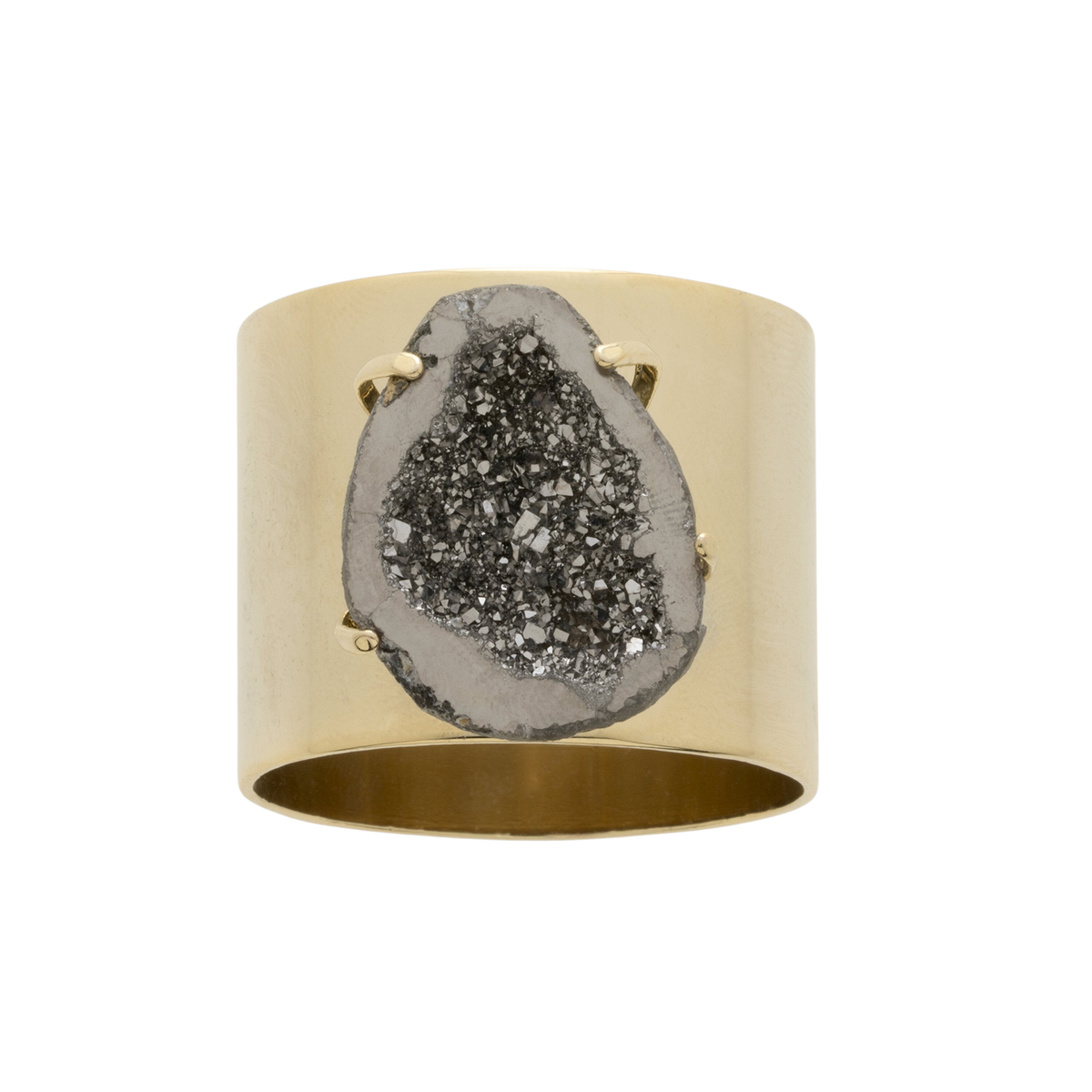 Close-up of Druzy Napkin Rings in Gold with Gun Metal, Set of Two showcasing natural druzy and gold finish