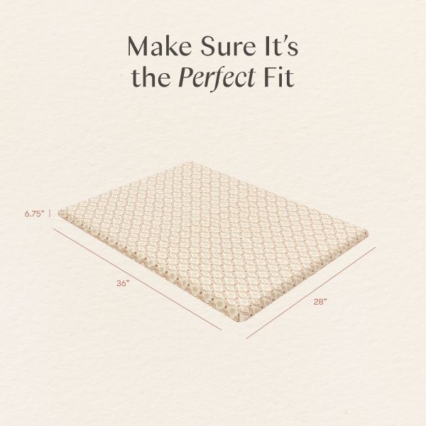 Angled view of All-Stages Midi Crib Sheet showing 36 by 28 inch dimensions and 6.75 inch height with Make Sure It Is the Perfect Fit text