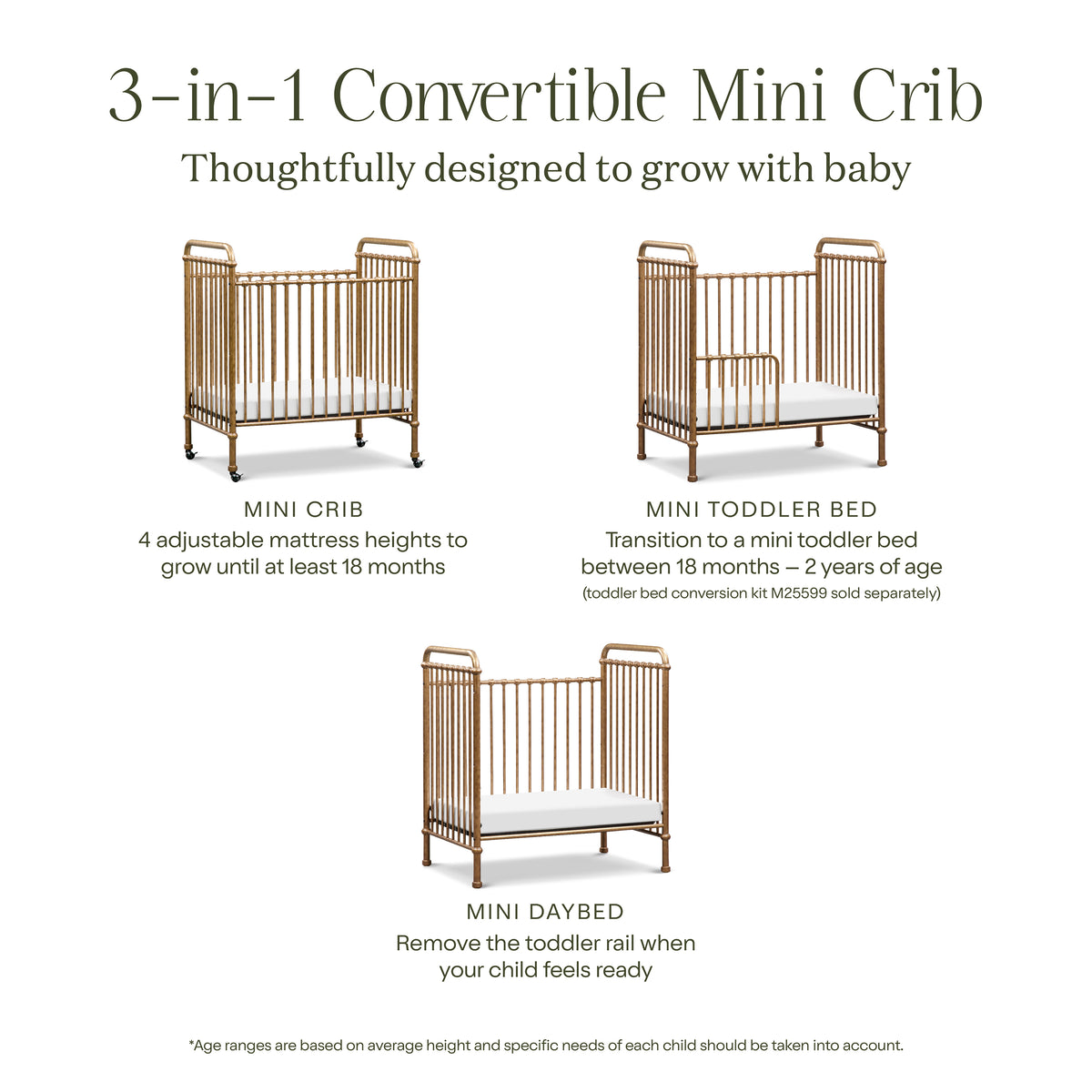 Abigail 3-in-1 Convertible Mini Crib in Vintage Gold