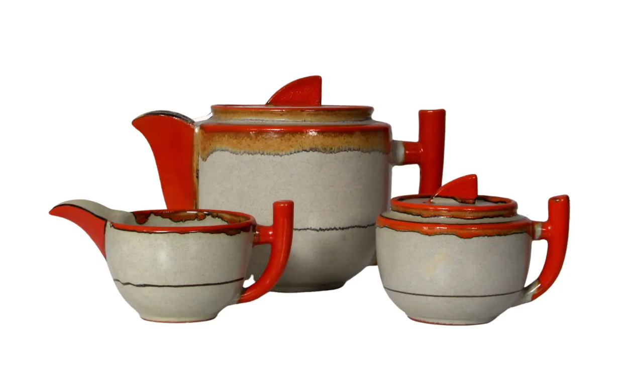 Art Deco Tea Service by Hildegard Delius ar 1930 uranium glaze + cups + plates