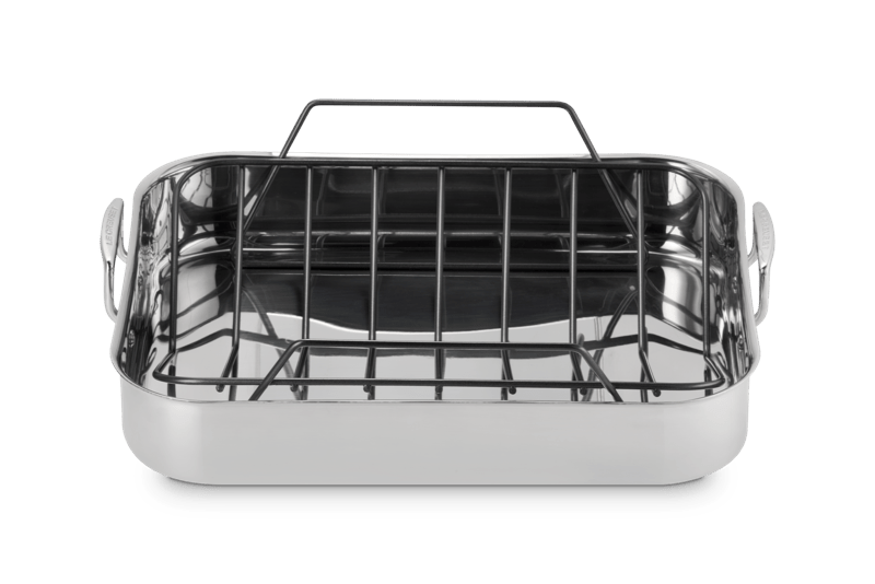 Angled view of Signature rectangular stainless-steel roaster showing the removable nonstick rack on a white background