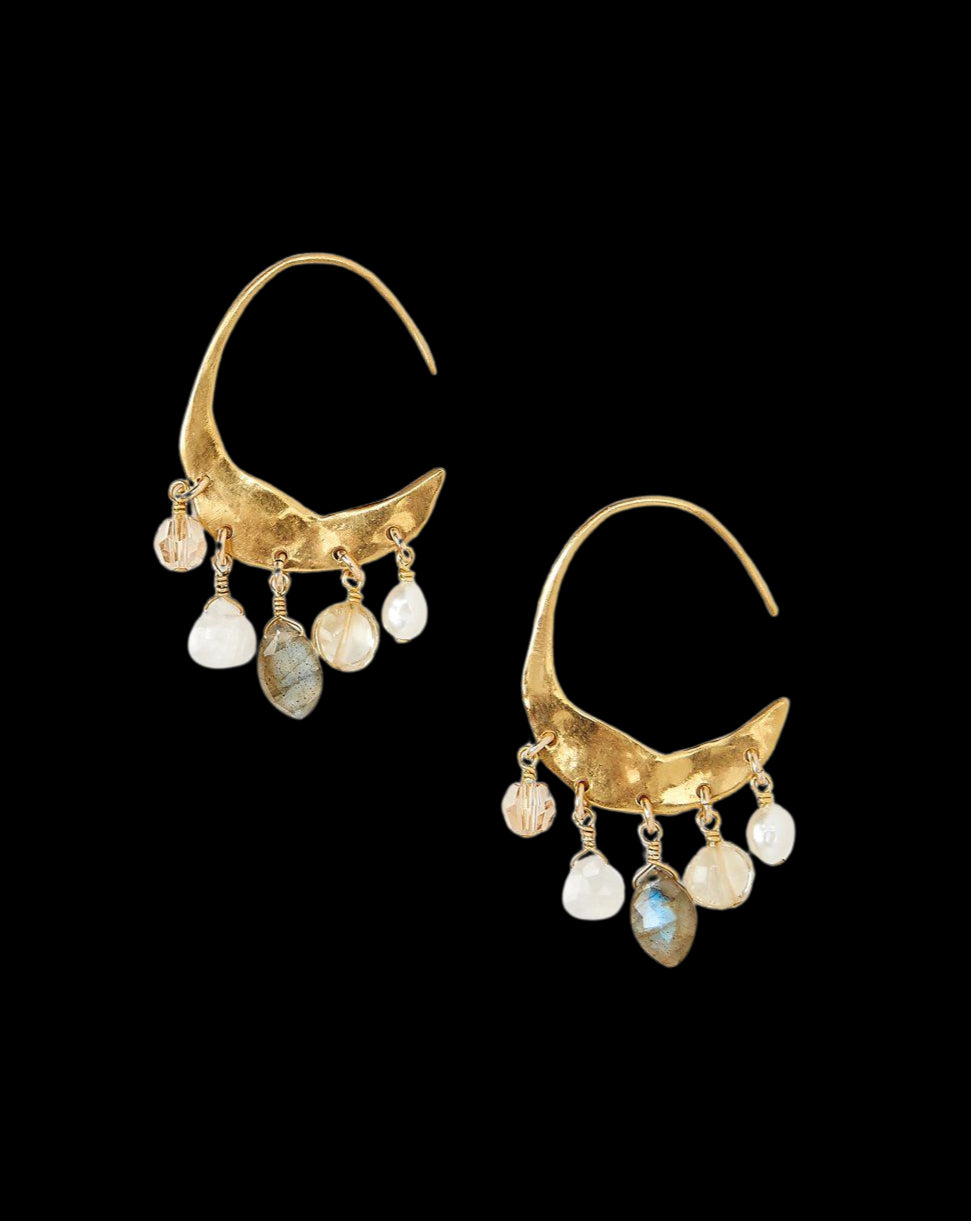 Petite Crescent White Pearl and Citrine Mix Gold Hoop Earrings