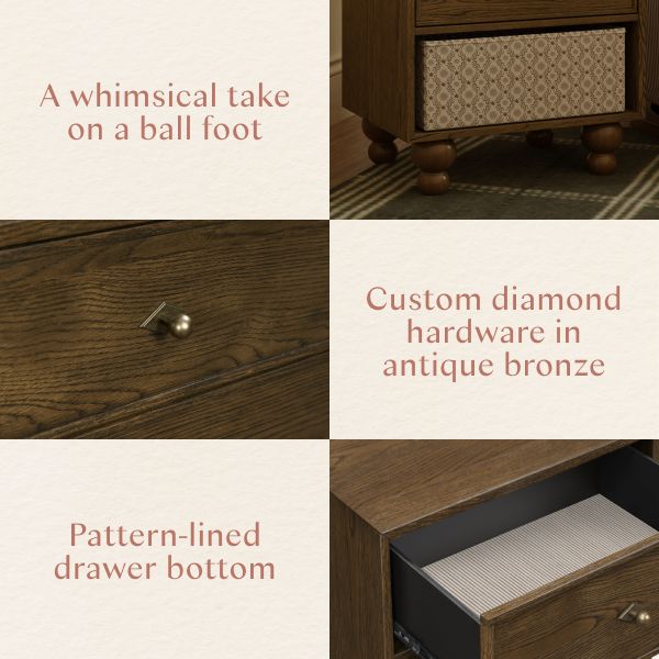 Astre nightstand details: whimsical ball feet, custom diamond hardware in antique bronze, and pattern-lined drawer bottom