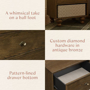 Astre nightstand details: whimsical ball feet, custom diamond hardware in antique bronze, and pattern-lined drawer bottom