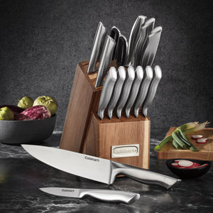 15-Piece Elite Series Stainless Steel Block Set with Acacia Block in Stainless Steel