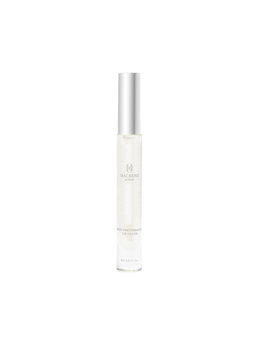 Front view of Macrene Actives High Performance Lip Filler (8 ml) tube showing clear plumping gel and silver cap on white