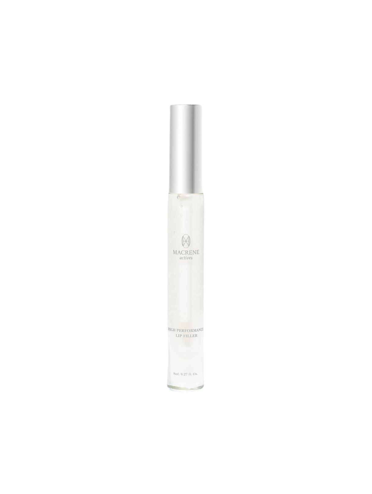 Front view of Macrene Actives High Performance Lip Filler (8 ml) tube showing clear plumping gel and silver cap on white