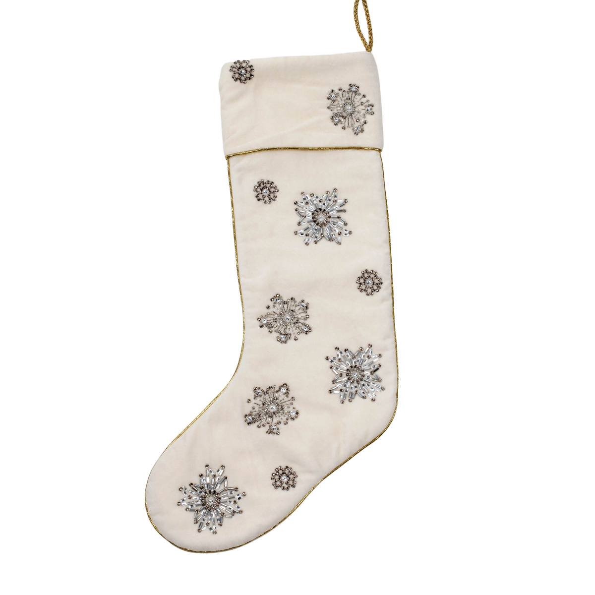 Angled view of Snowflake Stocking showcasing cotton velvet and hand-embroidered glass bead snowflakes on black background