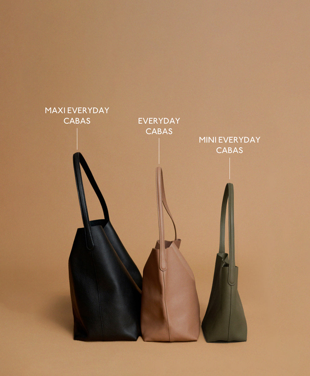 3 Sizes of the Everyday Cabas: Maxi Everyday Cabas, Everyday Cabas, Small Everyday Cabas. 