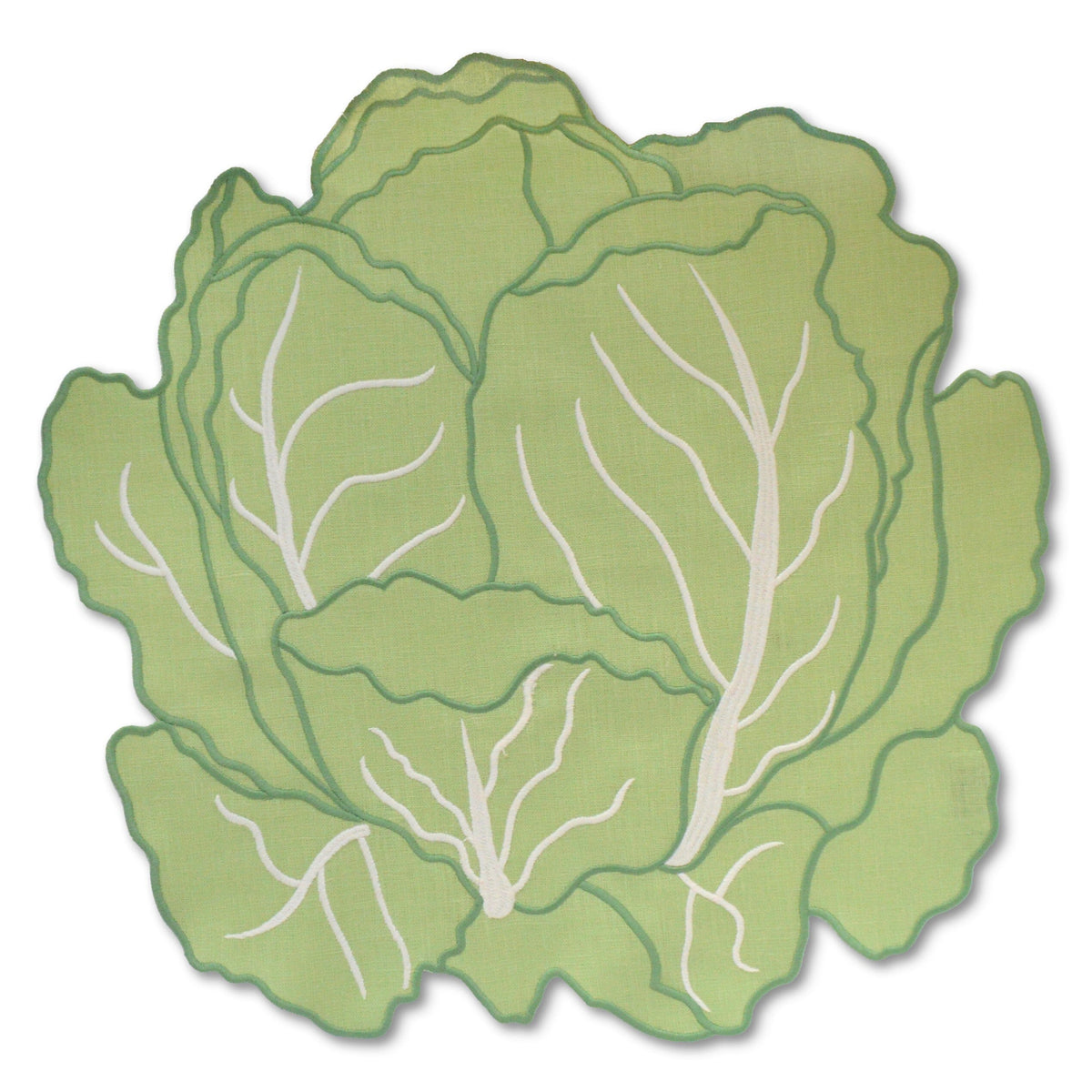 Front view of Cabbage Placemat showcasing green linen and leafy cabbage shape on a white background