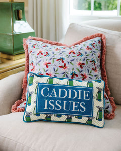 Caddie Issues Needlepoint Pillow - styled on sofa