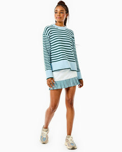 Model is wearing the Carlyle Crewneck in Chocolate/ Baby Blue Stripe with the Everyday Legging in Chocolate