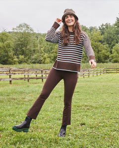 Model is wearing the Carlyle Crewneck in Chocolate/ Baby Blue Stripe with the Everyday Legging in Chocolate