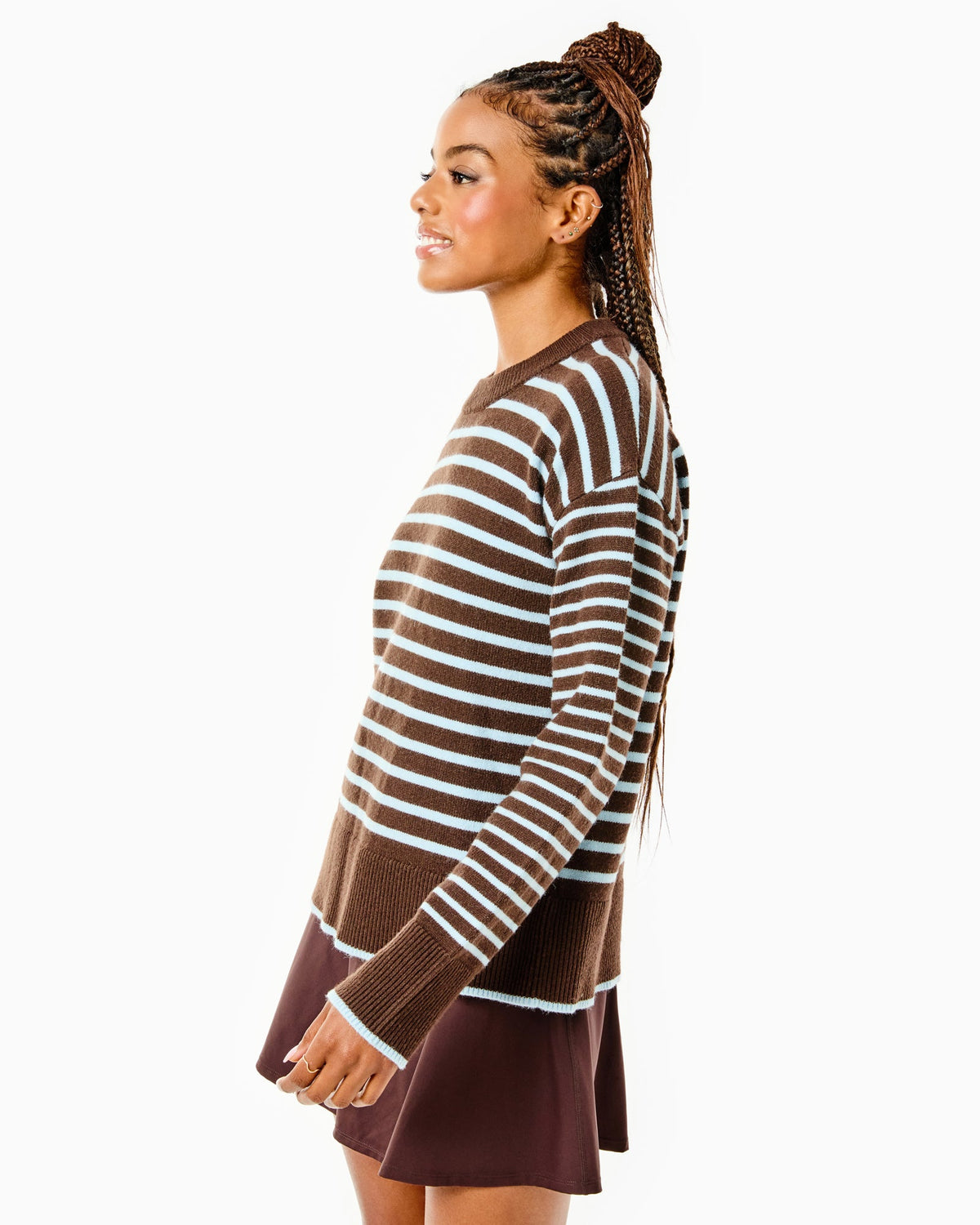 Model is wearing the Carlyle Crewneck in Chocolate/ Baby Blue Stripe with the Everyday Legging in Chocolate