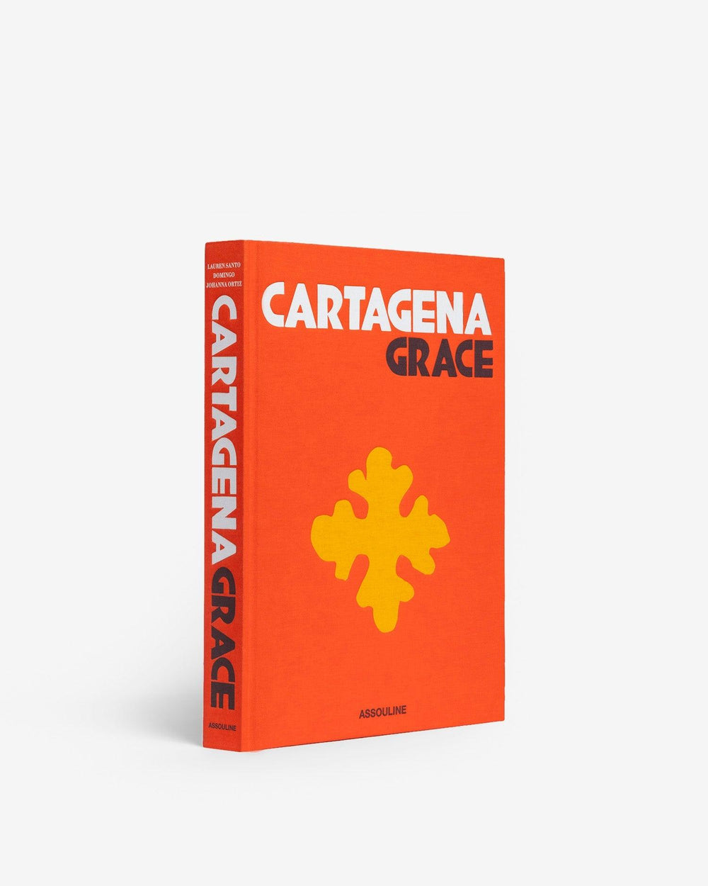 Three-quarter view of Cartagena Grace hardcover book showing orange cloth cover with large CARTAGENA GRACE title and yellow decorative motif on white background