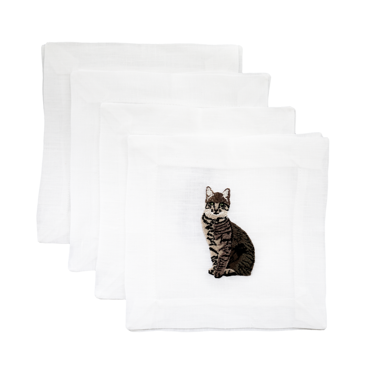 Front view of Cat Combo Set cocktail napkins showcasing embroidered tabby cat on white linen, set of 4 stacked