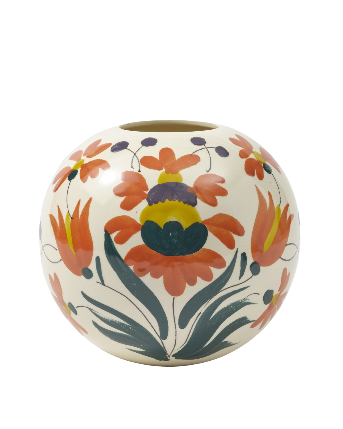 Front view of Benaki Medium Vase showcasing its hand-painted floral pattern on ceramic with a black background