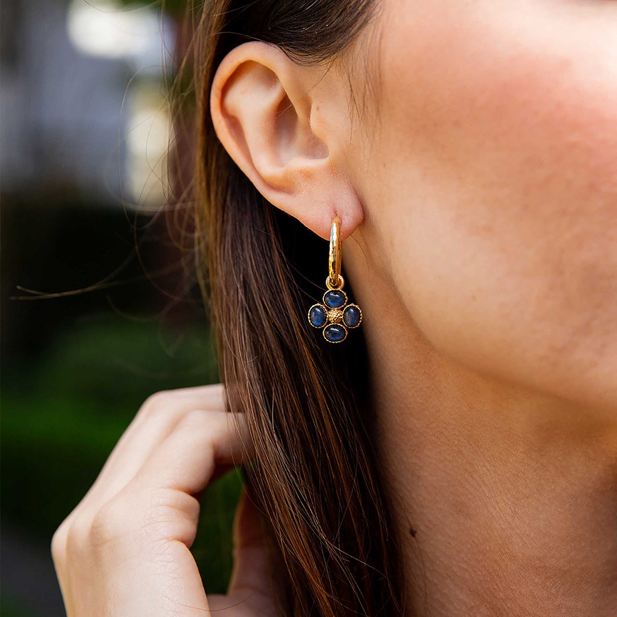 Berry Clover Hoop Earrings with Double Sided Charm in Blue Labradorite