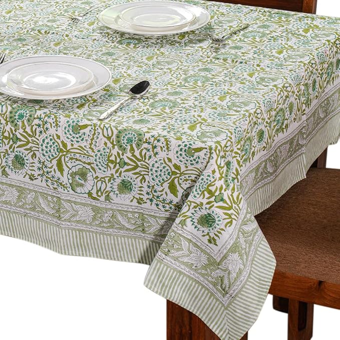 100% Cotton 60x90 Inch Indian Block Print Rectangle Table Cover, Washable Table Cloth for Weddings, Spring/Summer, Barbeque - Agate Green