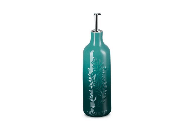 Front view of 20 oz Olive Branch oil cruet in Artichaut with embossed olive-branch motif and stainless spout