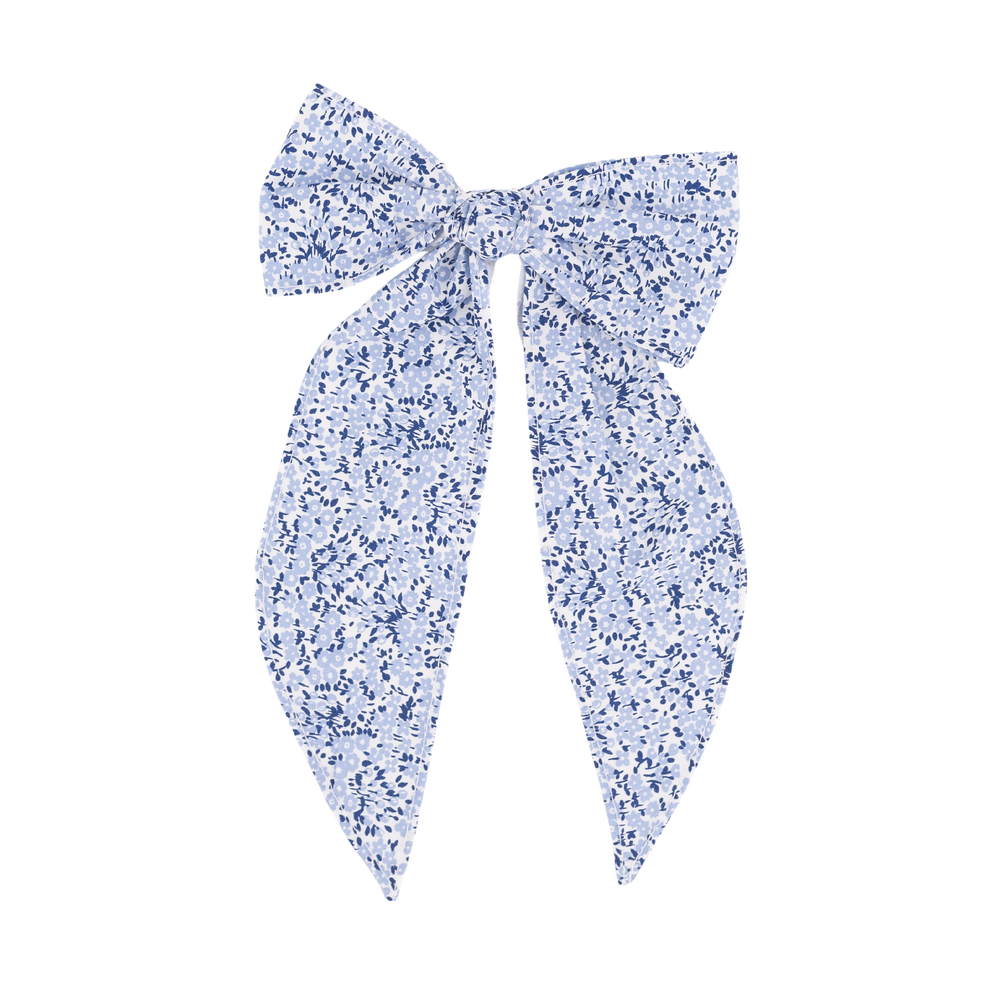 Front view of Anchor Bow showcasing blue floral linen-cotton fabric on plain background