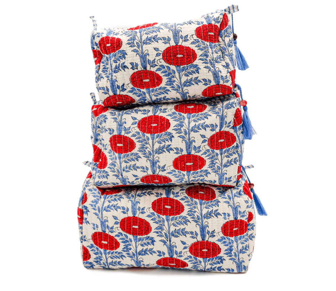Araminta Floral Blockprint Toiletry Makeup Bag, Set Of Three