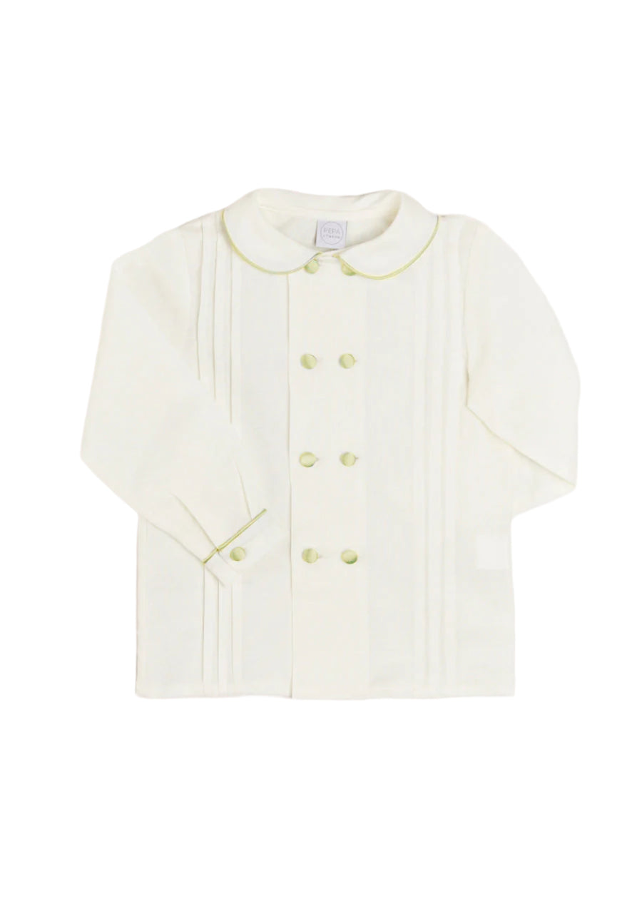 Double-Breasted Peter Pan Collar Shirt with Green Silk Piping (12mths-10yrs) SHIRTS from Pepa London