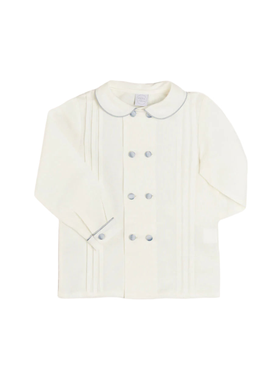 Double-Breasted Peter Pan Collar Long Sleeve Shirt with Blue Silk Piping (18mths-10yrs) Shirts from Pepa London