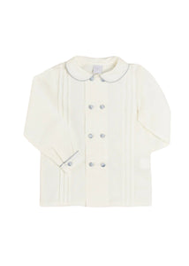 Double-Breasted Peter Pan Collar Long Sleeve Shirt with Blue Silk Piping (18mths-10yrs) Shirts from Pepa London