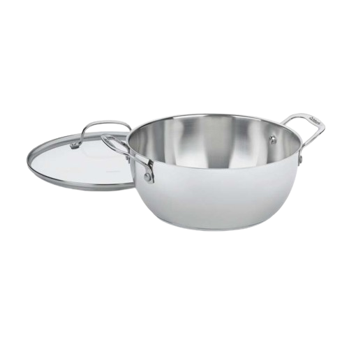Three-quarter view of Chef’s Classic 5.5 Quart Multi-Purpose Pan showcasing stainless steel construction and lid