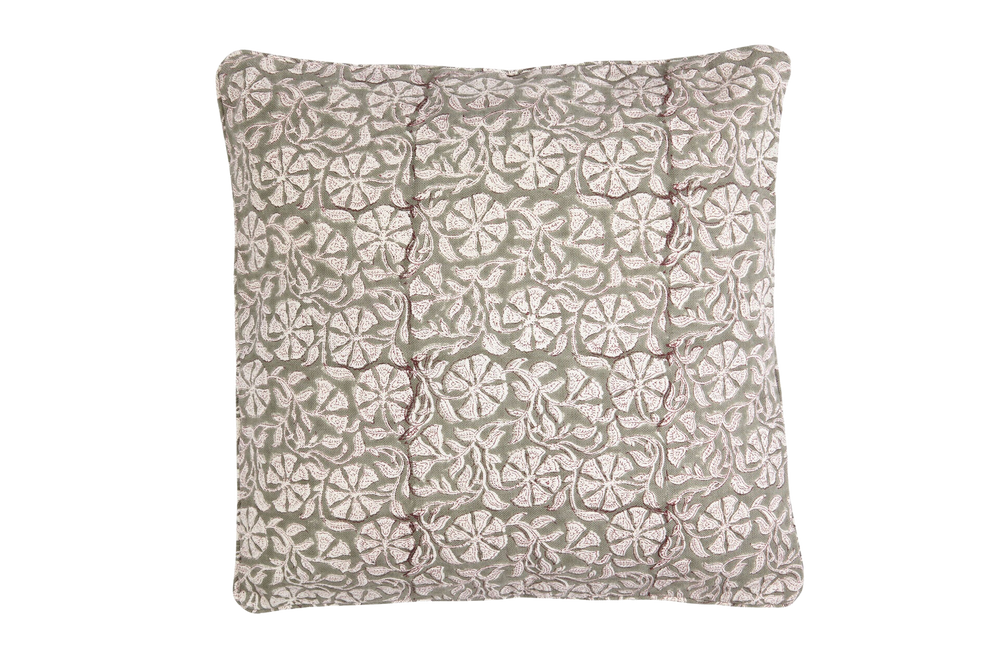 Front view of Shoreditch pillow showcasing sage linen cover with white floral block print and piped edges on white background