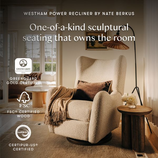 Westham power recliner by Nate Berkus with sculptural upholstery in a styled room, reading One of a kind sculptural seating