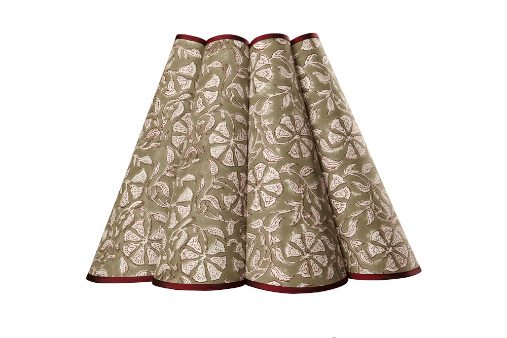 Front view of Shoreditch lampshade showcasing olive-green floral pattern and burgundy trim on white background